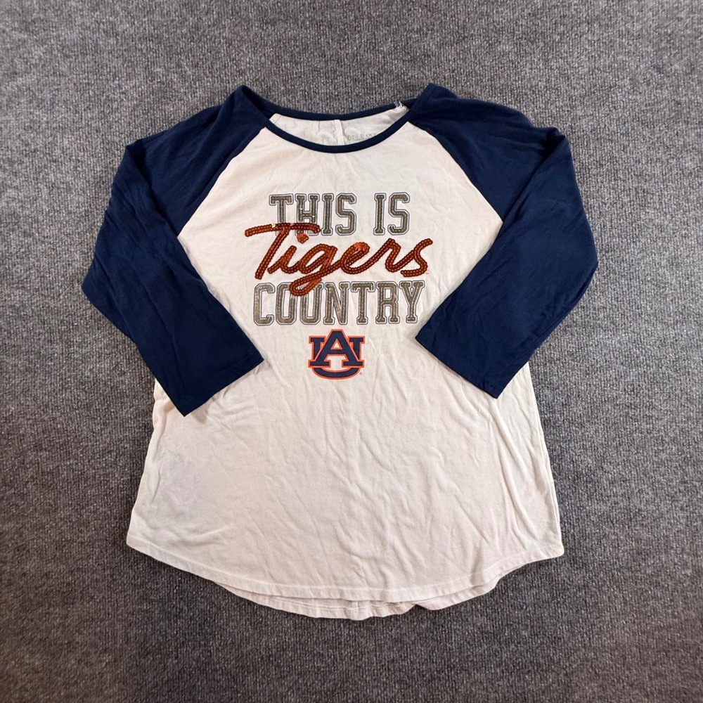 5th & Ocean Auburn Tigers Girls Raglan Sequin Graphic Tee Navy Cream Size 20P